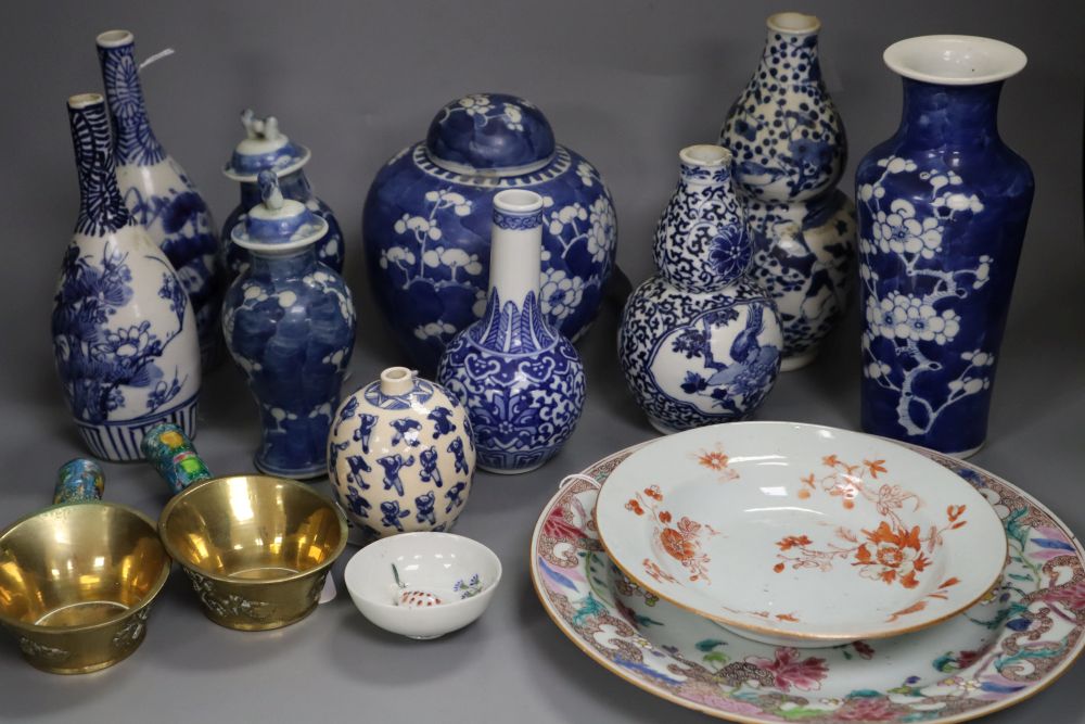 A Chinese Hundred Boys miniature ovoid vase, six-character mark, H 8cm and a collection of other Asian ceramics, max height 19cm